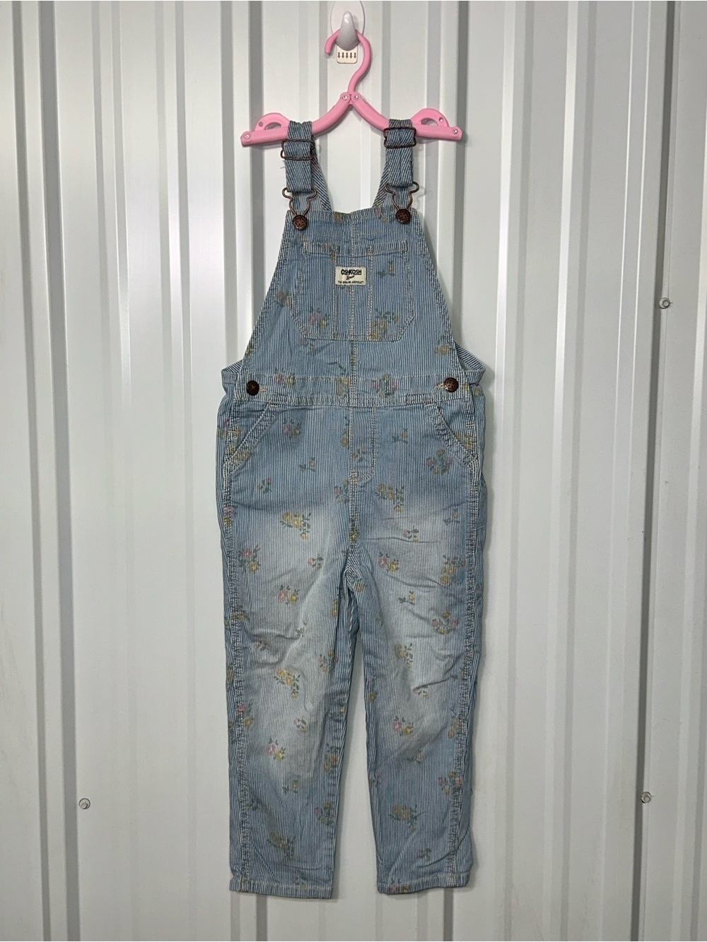 OshKosh B’Gosh Girls Floral Hickory Stripe Overalls Cottagecore Farmgirl Style